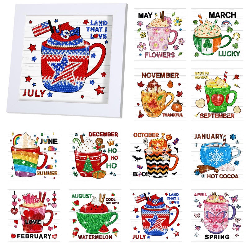 Trandraft 13 Pcs Interchangeable Holiday Small Diamond Art Kits for Adults 5D Seasonal Diamond Painting Calendar 2026 with Frame for Holiday Table Decor Art Craft Gift(Coffee) - Image 1