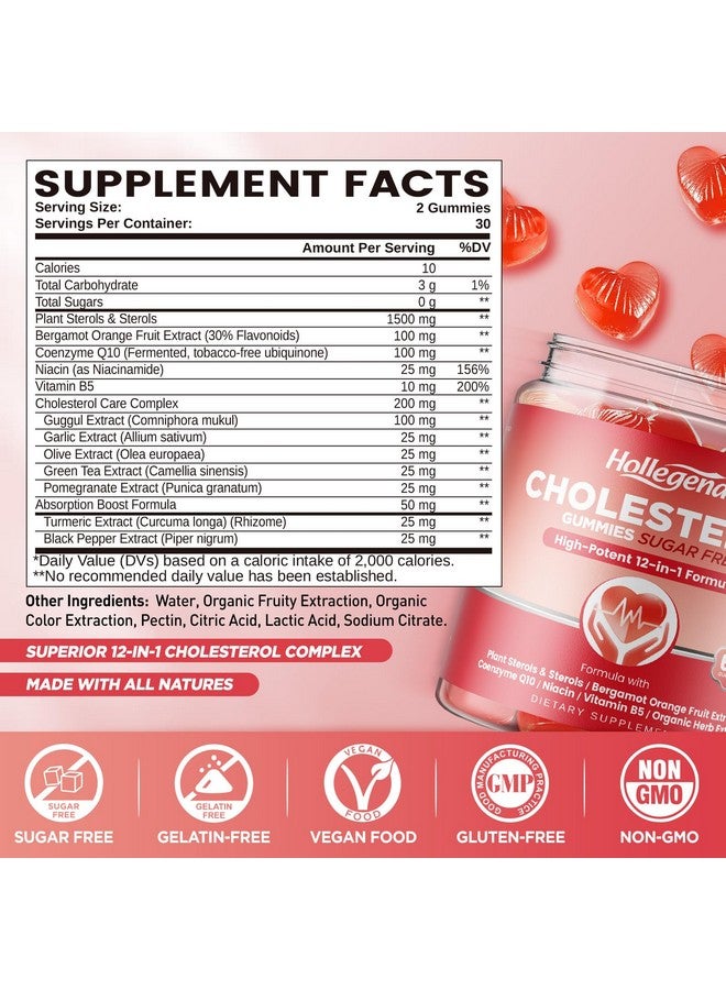 Hollegend هوليجند جوميز خالية من السكر للكوليسترول، 12 في 1 مكملات كوليسترول مع ستيرولات نباتية، برغموت الحمضيات، CoQ10 وفيتامينات لصحة الكوليسترول، نباتي، نكهة التوت المختلط، 60 حبة - Image 2