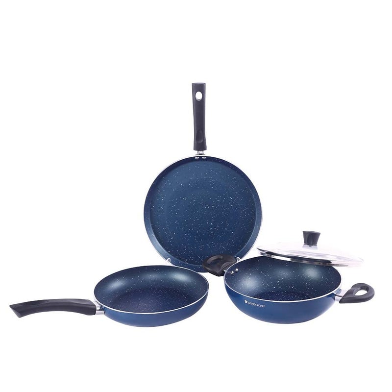 Wonderchef Wonderchef Galaxy Cookware 4 Piece Set | Kadhai with Lid, Fry Pan, Dosa Tawa | Induction Friendly | Cool Touch Bakelite Handles | Pure Grade Aluminium| PFOA Free| 2 Years Warranty | Midnight Blue - Image 1