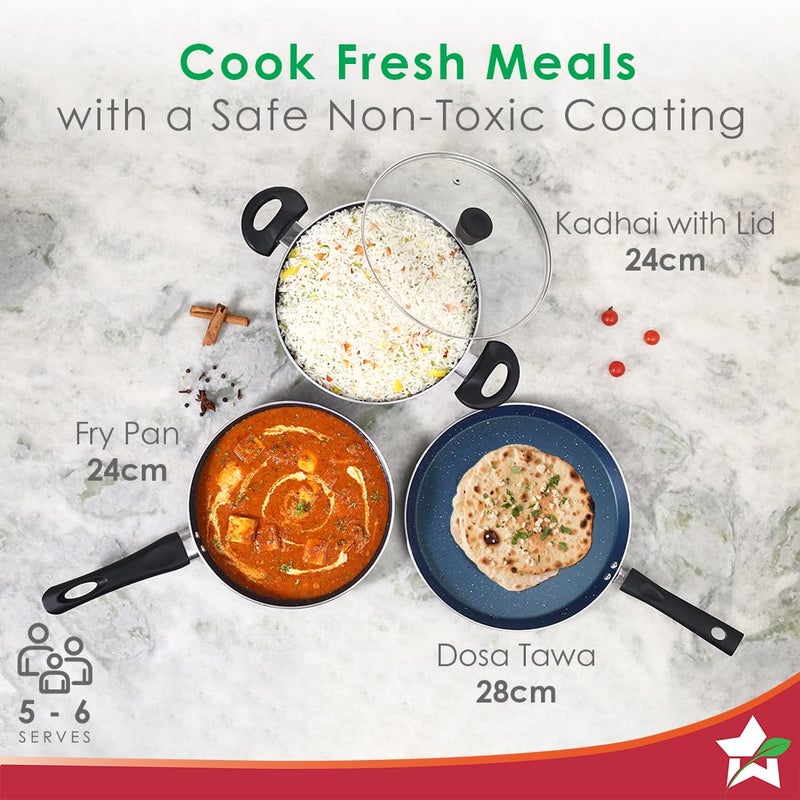 Wonderchef Wonderchef Galaxy Cookware 4 Piece Set | Kadhai with Lid, Fry Pan, Dosa Tawa | Induction Friendly | Cool Touch Bakelite Handles | Pure Grade Aluminium| PFOA Free| 2 Years Warranty | Midnight Blue - Image 4