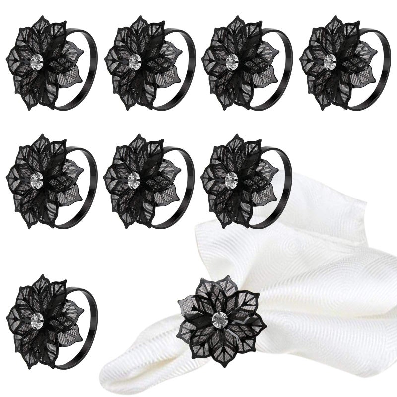 BEAVOING Pack of 18 Napkin Rings Alloy Hollow Out Flower Napkin Holder Dinning Table Napkin Ring for Dinner Parties Wedding Banquet Table Setting Family Gatherings Table Decor Black Flower 18