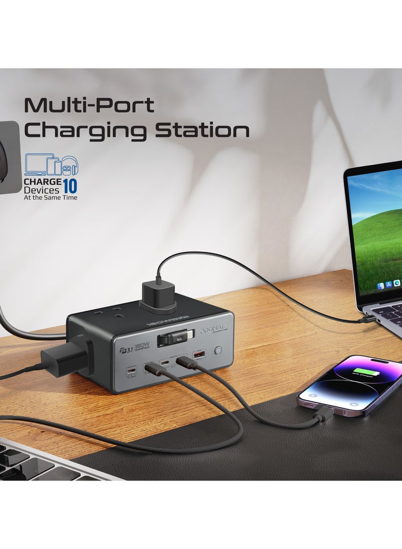 Promate PowerBrix-160 GaNFast 160W Charging Hub, Quad 3250W AC Sockets, 140W PD3.1 Usb-c, 100W USB-C, Dual 30W USB-C PD, 30W USB-A, Retractable Cable, 3m Power Cord  PowerBrix-160 - Image 2
