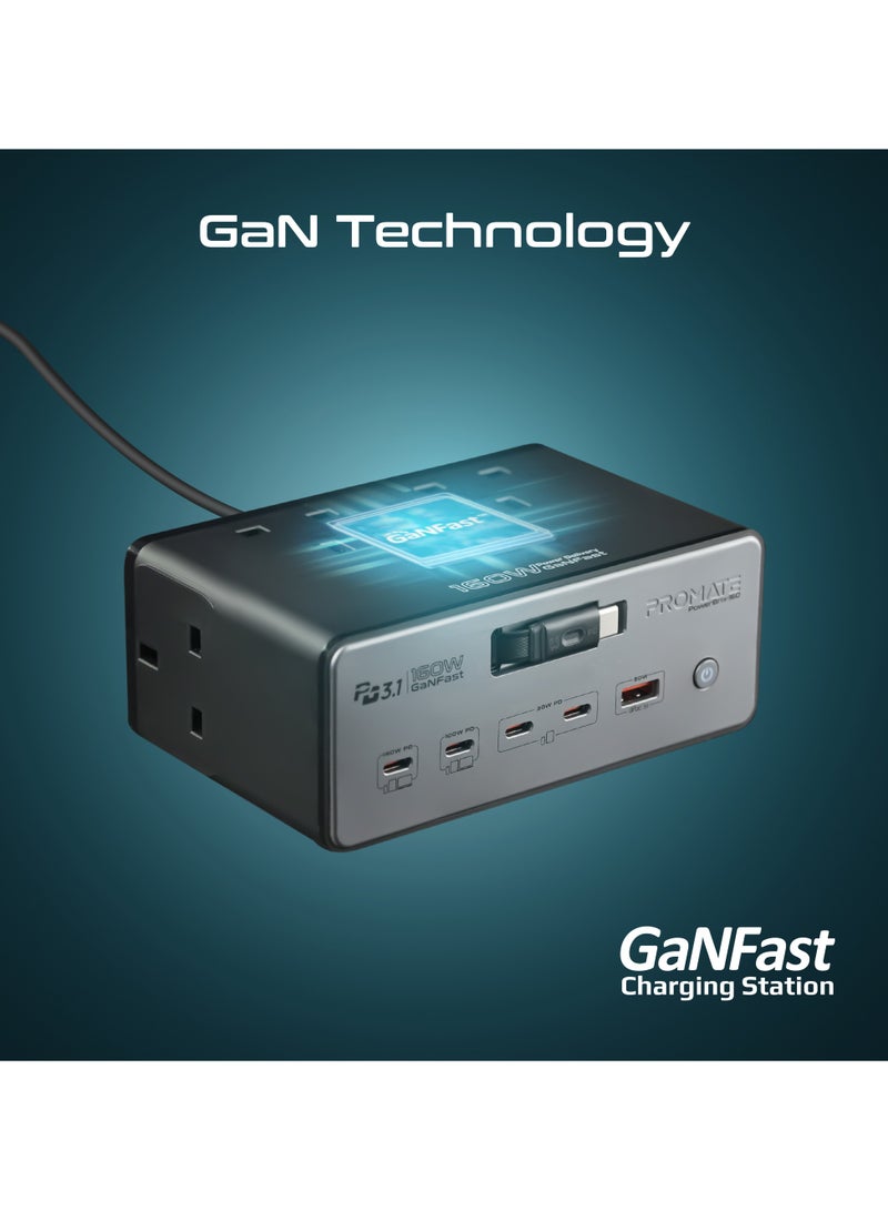 Promate PowerBrix-160 GaNFast 160W Charging Hub, Quad 3250W AC Sockets, 140W PD3.1 Usb-c, 100W USB-C, Dual 30W USB-C PD, 30W USB-A, Retractable Cable, 3m Power Cord  PowerBrix-160 - Image 3