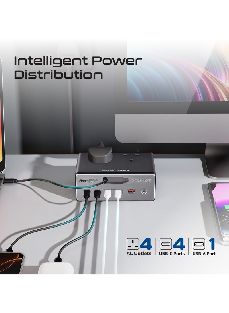 Promate PowerBrix-160 GaNFast 160W Charging Hub, Quad 3250W AC Sockets, 140W PD3.1 Usb-c, 100W USB-C, Dual 30W USB-C PD, 30W USB-A, Retractable Cable, 3m Power Cord  PowerBrix-160 - Image 5