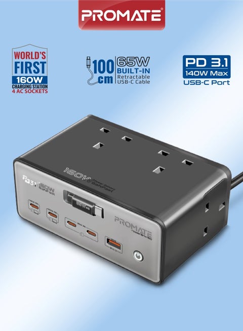 Promate PowerBrix-160 GaNFast 160W Charging Hub, Quad 3250W AC Sockets, 140W PD3.1 Usb-c, 100W USB-C, Dual 30W USB-C PD, 30W USB-A, Retractable Cable, 3m Power Cord  PowerBrix-160