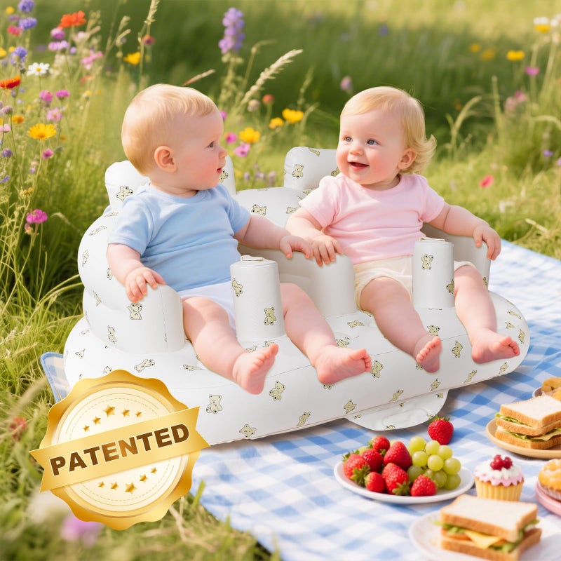 EKEPE Baby Inflatable Seat for Twins Babies 3 Month and Up, Side-by-Side Double Inflatable Floor Chair for Sitting Up with Built in Air Pump, Blow Up Baby Chair for Infants - Twins Bear - Image 2