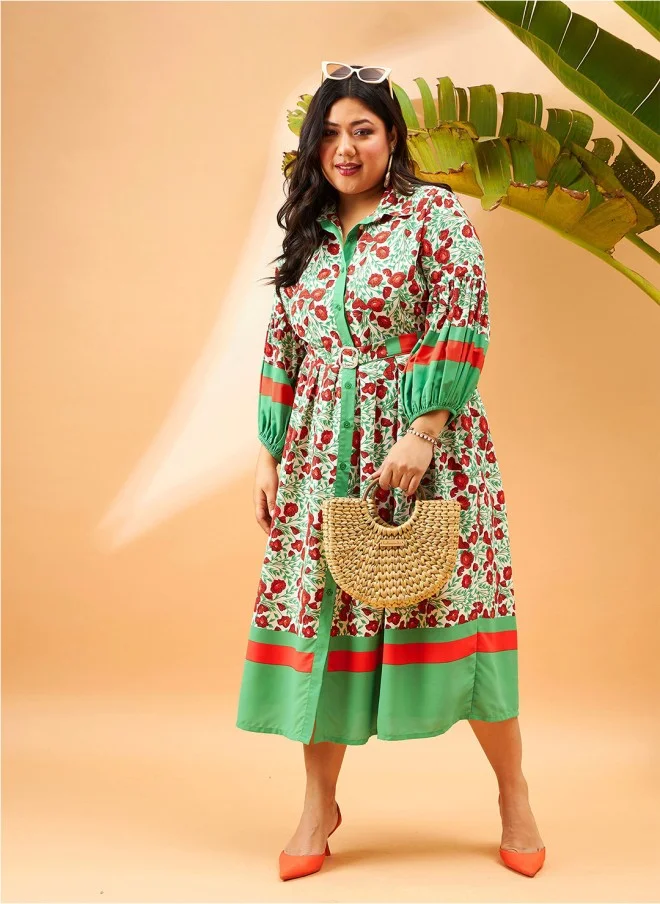 SASSAFRAS Floral Printed Fit & Flare Midi Dress for Women