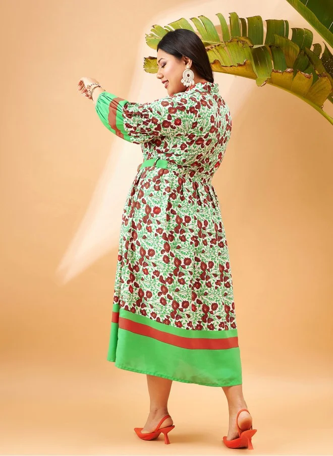 SASSAFRAS Floral Printed Fit & Flare Midi Dress for Women