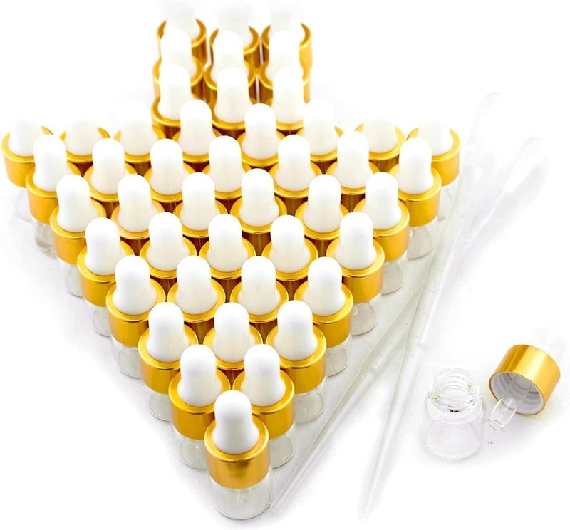 100 Pcs Sample Dropper Bottles, 1ml Clear Mini Dropper Bottles with 2 Pcs Plastic Droppers for Traveling Essential Oils DIY Cosmetic Liquid Sample Perfume