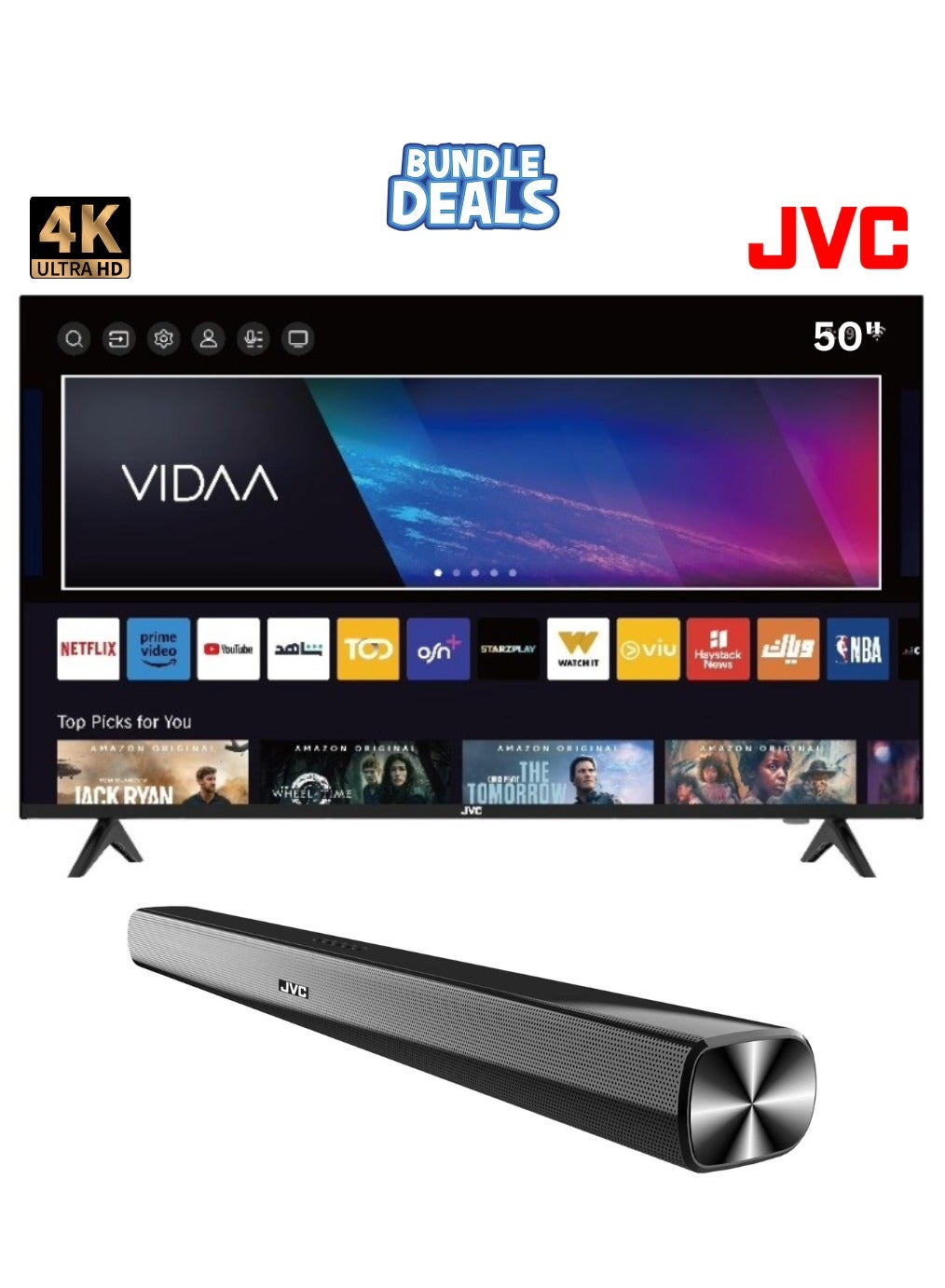 JVC 50-Inch Edgeless 4K UHD Vidaa Smart TV with 2.0CH Soundbar Plus Bluetooth, Usb, Fm Radio With 600W PMPO Combo-LT-50N7105V+TH-N322 LT-50N7105V+TH-N322B black
