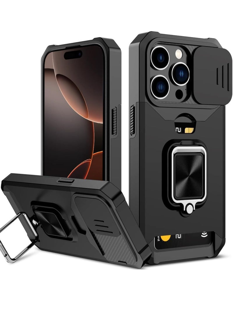 YoYoTech Compatible for iPhone 16 Pro Max Case with [Card Holder] [Slide Camera Cover] [360° Rotate Ring Kickstand] Heavy Duty Protective, Shockproof Bumper Cover-Black
