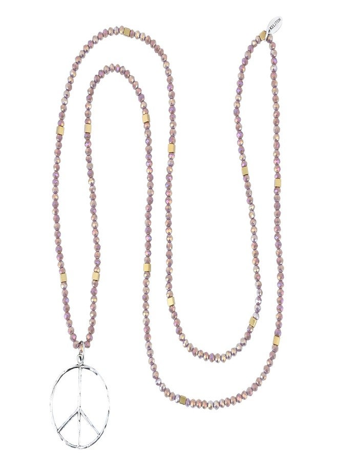 KELITCH Classic Peace Sign Necklace Love Hippie Pendant Frosted Crystal Beaded Necklace (Purple A) - Image 1