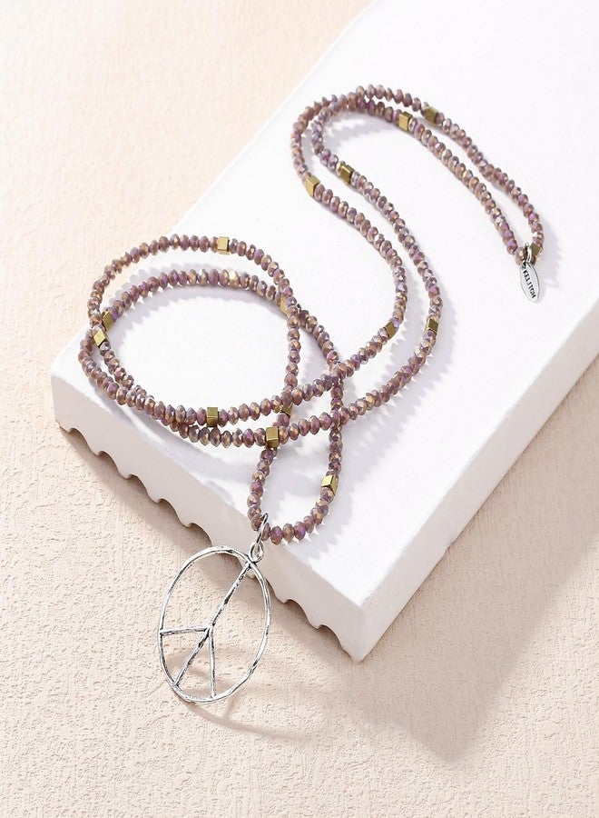 KELITCH Classic Peace Sign Necklace Love Hippie Pendant Frosted Crystal Beaded Necklace (Purple A) - Image 3