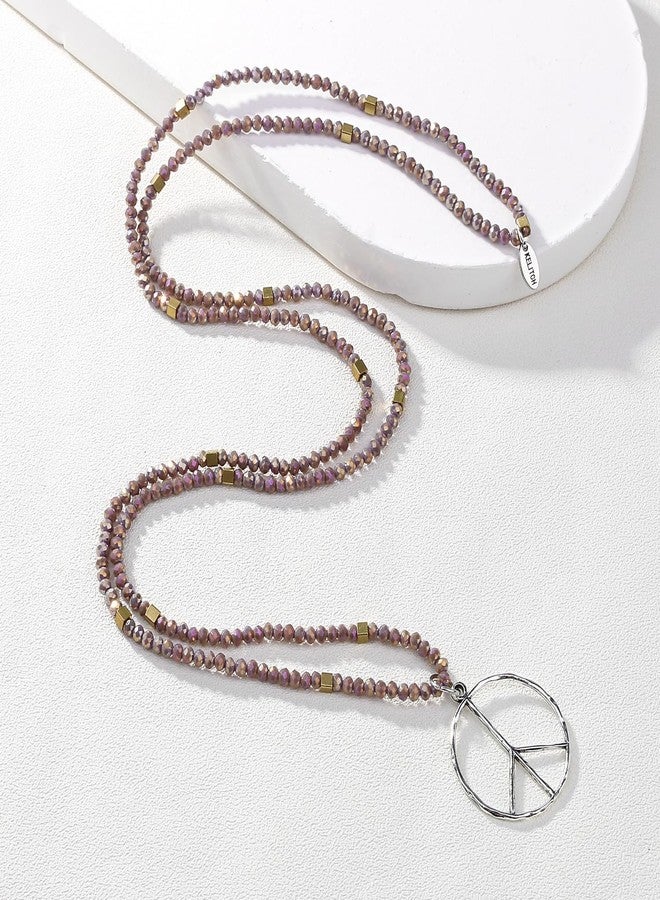 KELITCH Classic Peace Sign Necklace Love Hippie Pendant Frosted Crystal Beaded Necklace (Purple A) - Image 4