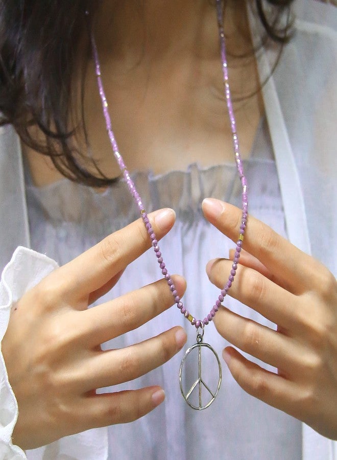 KELITCH Classic Peace Sign Necklace Love Hippie Pendant Frosted Crystal Beaded Necklace (Purple A) - Image 5