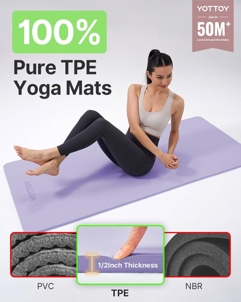 YOTTOY Yoga Matï¼ŒExtra Thick Yoga Mat (1/2inch),Professional TPE Exercise Mat,Non-Slip Workout Mat for Yoga, Pilates, Fitness, Barefoot Workouts, Home Gym Studio with Strap - Image 2
