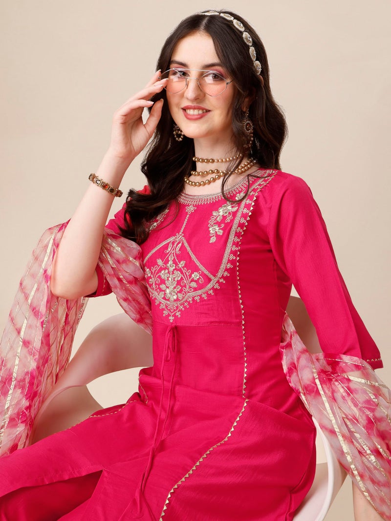 EthnicJunction Women's Cotton Silk Embroidered A-line Front Slit Kurta Palazzo & Organza Dupatta Set Pink - Image 2