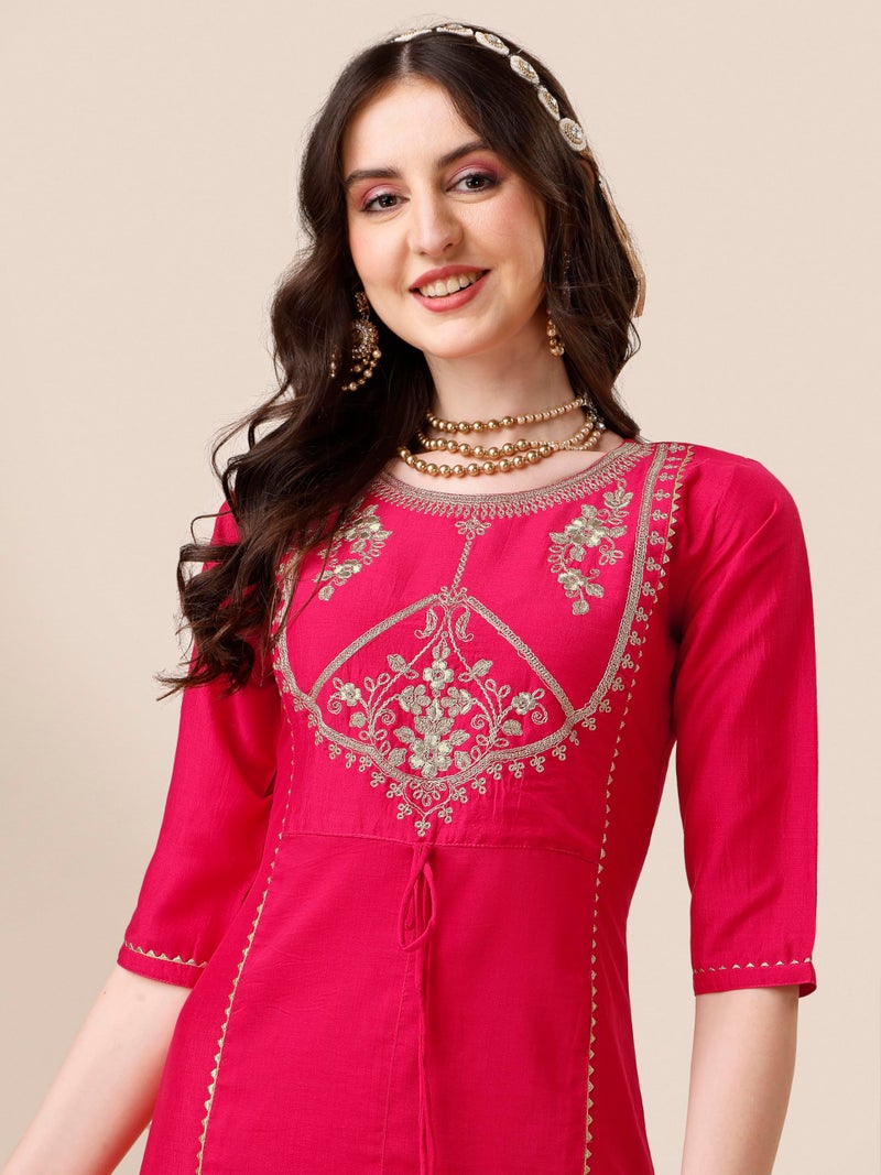 EthnicJunction Women's Cotton Silk Embroidered A-line Front Slit Kurta Palazzo & Organza Dupatta Set Pink - Image 5