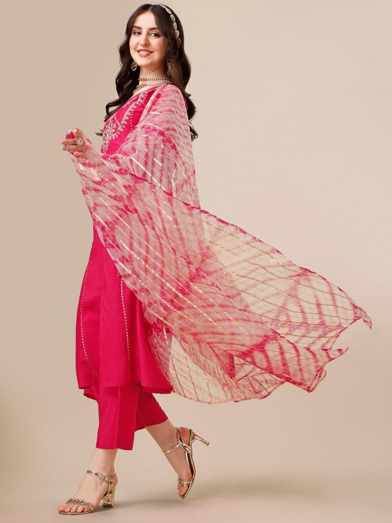EthnicJunction Women's Cotton Silk Embroidered A-line Front Slit Kurta Palazzo & Organza Dupatta Set Pink - Image 3