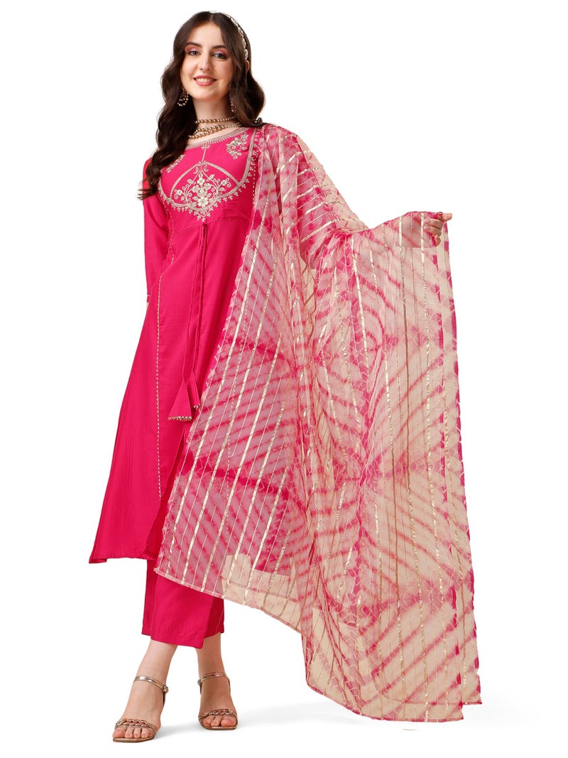 EthnicJunction Women's Cotton Silk Embroidered A-line Front Slit Kurta Palazzo & Organza Dupatta Set Pink - Image 1
