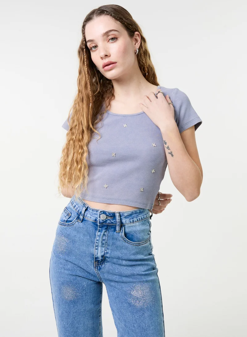 Pink Vanilla Embellished Wash Rib Top