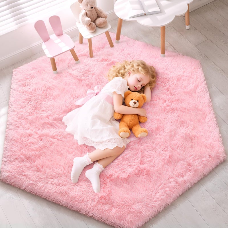 EVOIONOS Pink Hexagon Rug for Princess Tent, Fluffy Area Rug for Kids Room, 4x4.6 Feet for Girls Tent, Furry Soft Nursery Rug, Fuzzy Plush Carpet for Teen Girls Bedroom - Image 1