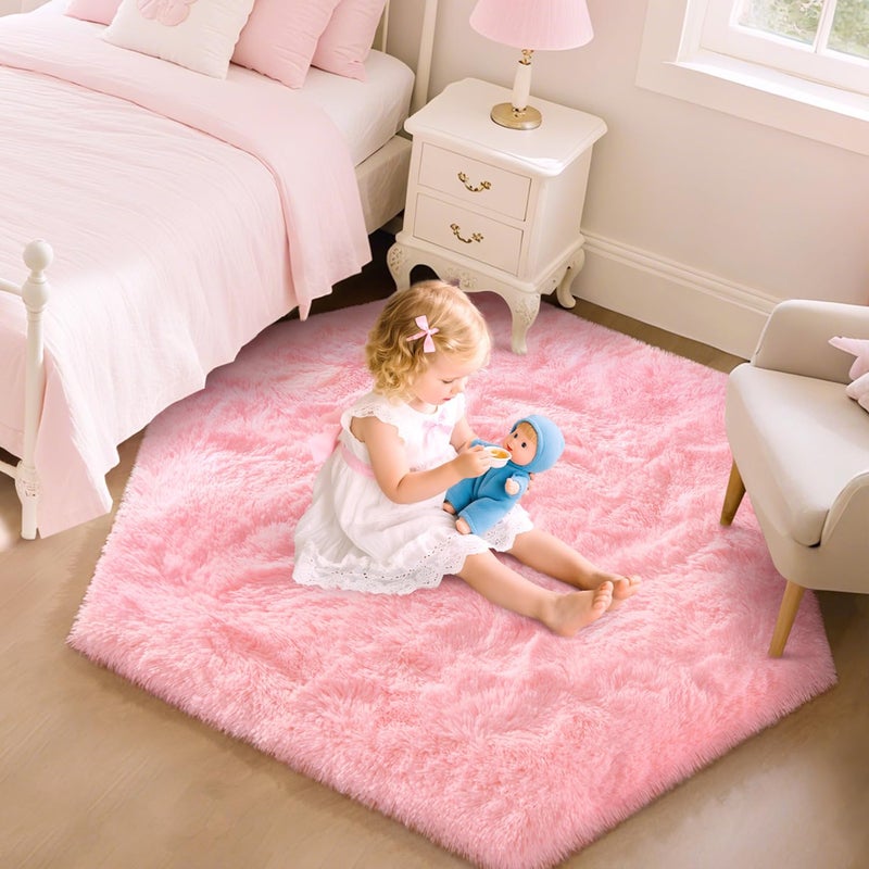 EVOIONOS Pink Hexagon Rug for Princess Tent, Fluffy Area Rug for Kids Room, 4x4.6 Feet for Girls Tent, Furry Soft Nursery Rug, Fuzzy Plush Carpet for Teen Girls Bedroom - Image 4