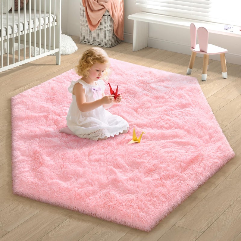 EVOIONOS Pink Hexagon Rug for Princess Tent, Fluffy Area Rug for Kids Room, 4x4.6 Feet for Girls Tent, Furry Soft Nursery Rug, Fuzzy Plush Carpet for Teen Girls Bedroom - Image 5