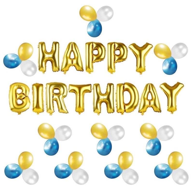 HK Balloons Birthday Party Decorations Set - Happy Birthday Foil Toy Balloon (13 Letters, Gold), Metallic Latex Balloons (Blue Gold White) - Image 4