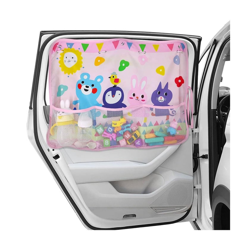 GLSOWEE Car Window Shade for Baby, Blackout Car Window Curtain with Storage Pockets & 7 Suction Cups, Cartoon Pattern Cars Side Window Sun Shade Cover for Sun/Heat/UV Rays Protection (Pink-Animals) - Image 1