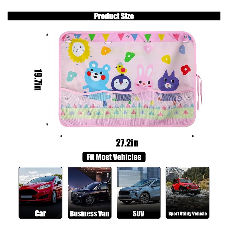 GLSOWEE Car Window Shade for Baby, Blackout Car Window Curtain with Storage Pockets & 7 Suction Cups, Cartoon Pattern Cars Side Window Sun Shade Cover for Sun/Heat/UV Rays Protection (Pink-Animals) - Image 2