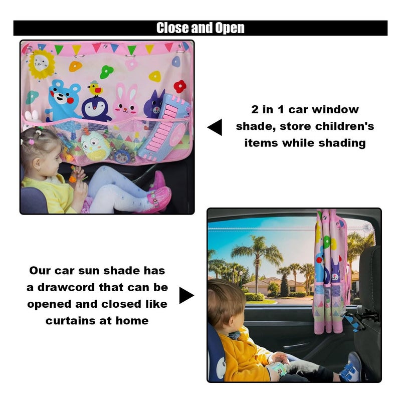 GLSOWEE Car Window Shade for Baby, Blackout Car Window Curtain with Storage Pockets & 7 Suction Cups, Cartoon Pattern Cars Side Window Sun Shade Cover for Sun/Heat/UV Rays Protection (Pink-Animals) - Image 5