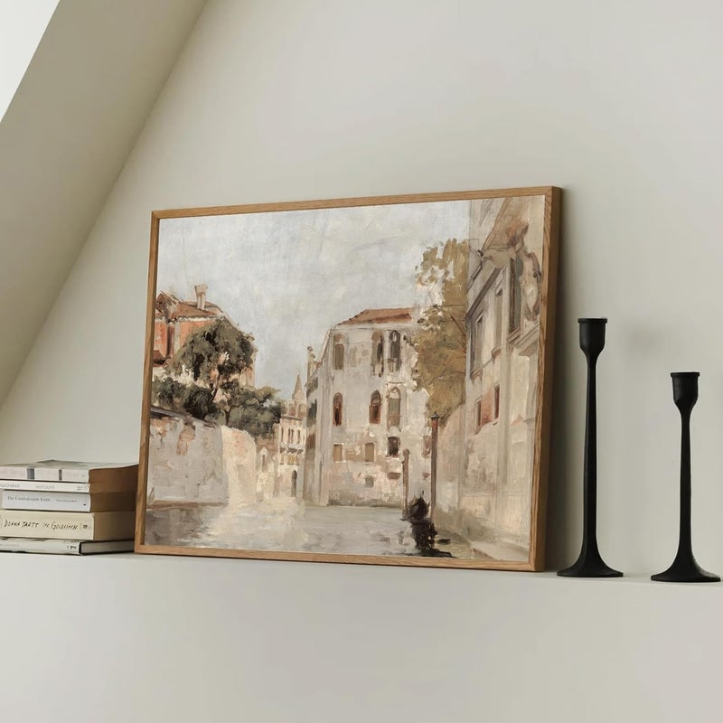 KBKBART Vintage Wall Art, Retro Neutral Italy Wall Art Framed Canvas Art Prints Venice Canva Painting Farmhouse Decor, Rustic Impressionism Scenic Landscape Wall Decor for Bathroom, Bedroom Living - Image 3