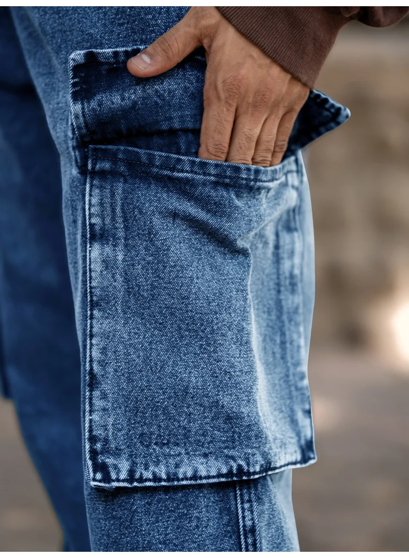 Maniac  Maniac Mens Solid Baggy Deep Ocean Denim Fabric Cargo Jean for Men | Best Price UAE