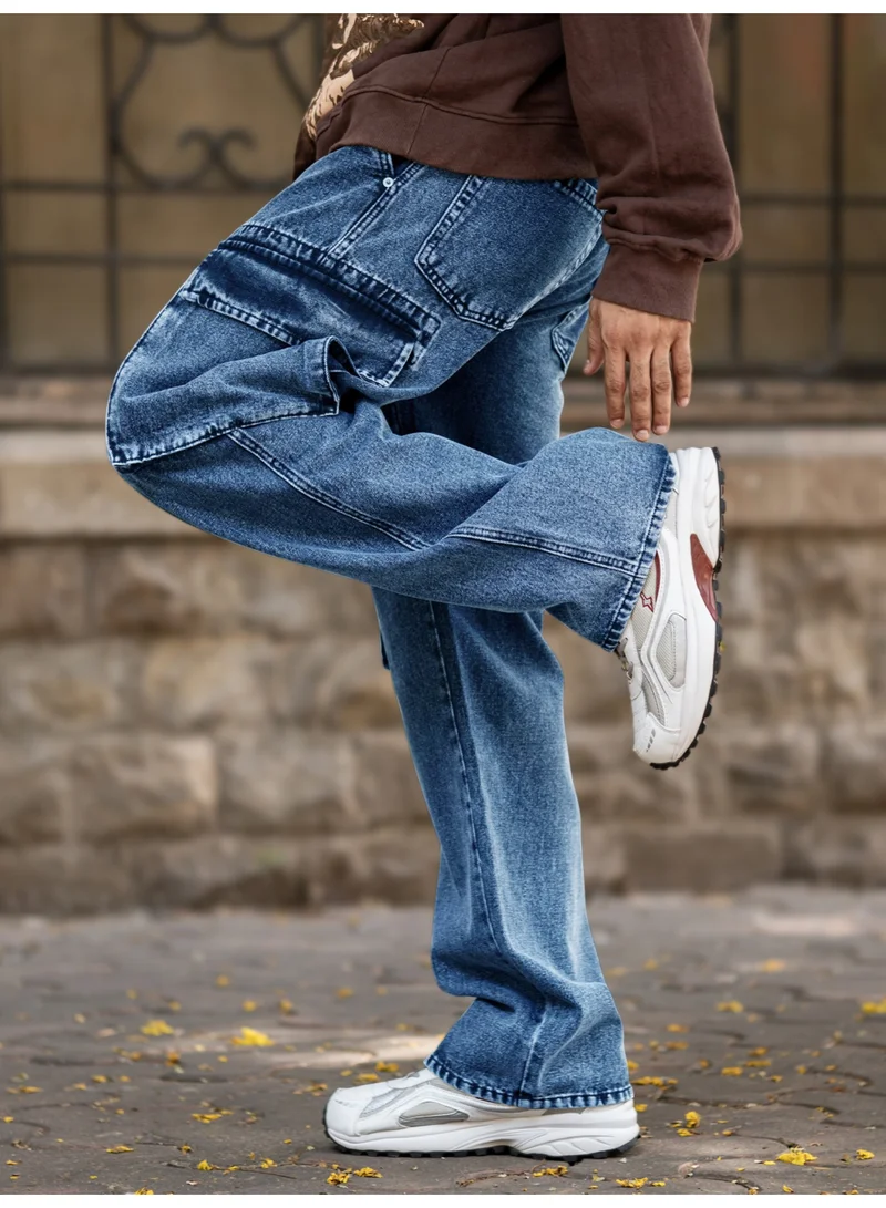 Maniac  Maniac Mens Solid Baggy Deep Ocean Denim Fabric Cargo Jean for Men | Best Price UAE