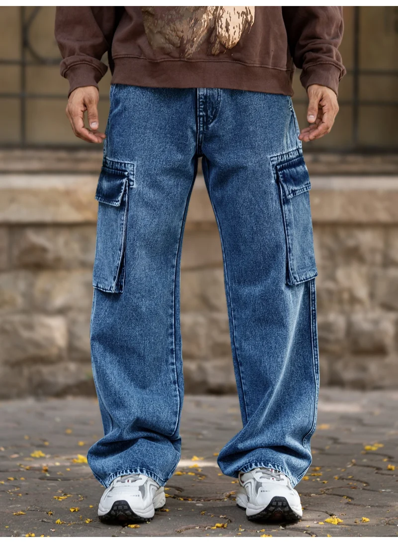 Maniac Maniac Mens Solid Baggy Deep Ocean Denim Fabric Cargo Jean