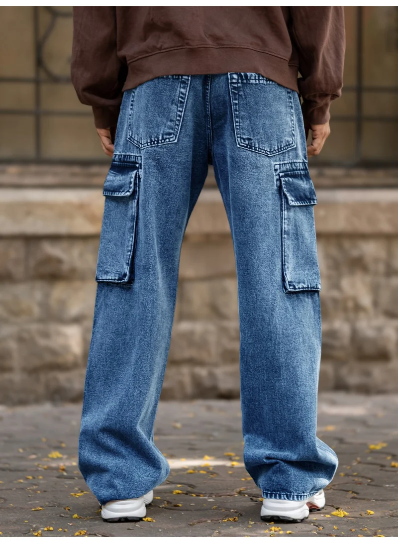 Maniac Maniac Mens Solid Baggy Deep Ocean Denim Fabric Cargo Jean