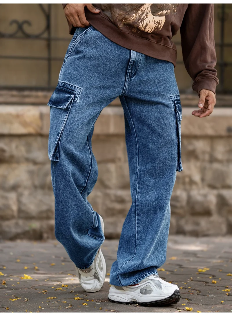 Maniac  Maniac Mens Solid Baggy Deep Ocean Denim Fabric Cargo Jean for Men | Best Price UAE