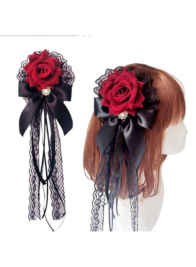 BASEMMAHER Flower Hair Combs Rose Bow Hairpin Lace Ribbon Elegantcute Retro Handmade Hair Bride Accessories For Party Wedding Red Birthday Halloween Cosplay Women Girl Decoration - Image 4