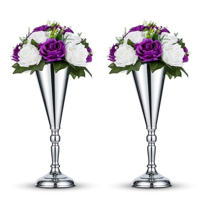 2 PCS SET TABLETOP SILVER METAL WEDDING FLOWER TRUMPET VASE TABLE DECORATIVE CENTERPIECE ARTIFICIAL FLOWER ARRANGEMENTS FOR ANNIVERSARY CEREMONY PARTY BIRTHDAY EVENT AISLE HOME DECORATION