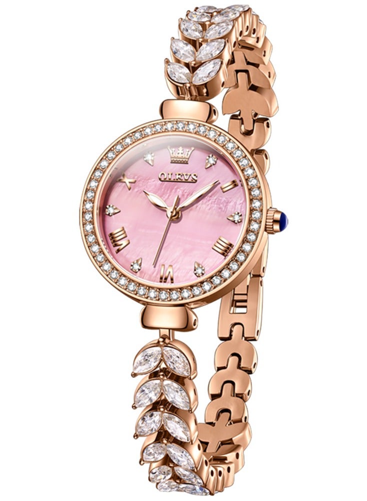 أوليفز ساعة يد نسائية بقرص من عرق اللؤلؤ المرصع بالألماس، سوار فاخر بتصميم ذيل السمكة من الفولاذ المقاوم للصدأ، مقاومة للماء، مضيئة، بمرآة مطلية عالية الصلابة - Image 1