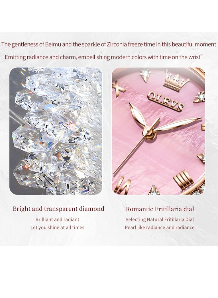 أوليفز ساعة يد نسائية بقرص من عرق اللؤلؤ المرصع بالألماس، سوار فاخر بتصميم ذيل السمكة من الفولاذ المقاوم للصدأ، مقاومة للماء، مضيئة، بمرآة مطلية عالية الصلابة - Image 3