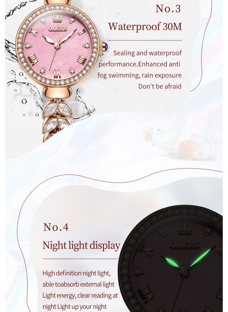 أوليفز ساعة يد نسائية بقرص من عرق اللؤلؤ المرصع بالألماس، سوار فاخر بتصميم ذيل السمكة من الفولاذ المقاوم للصدأ، مقاومة للماء، مضيئة، بمرآة مطلية عالية الصلابة - Image 5