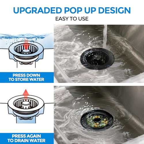 zaa Sink Drain Strainer - Brushed Black Kitchen Sink Stopper, 3 in 1 Stainless Steel Pop-Up Drain Plug with Anti-Clog Basket, Matte Black Cover Fits Standard 3-1/2" Kitchen Sink Drains - Image 3
