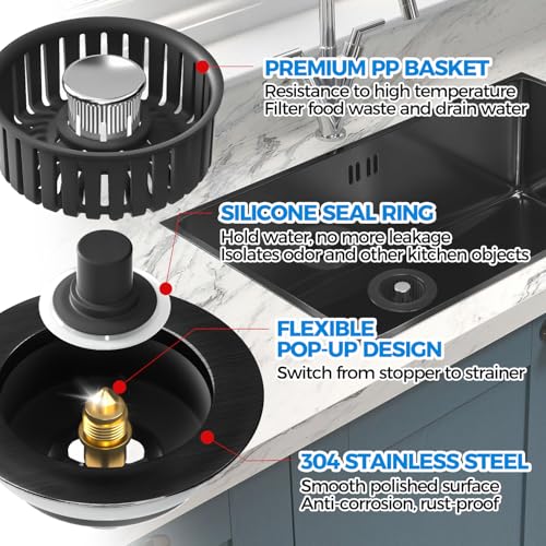 zaa Sink Drain Strainer - Brushed Black Kitchen Sink Stopper, 3 in 1 Stainless Steel Pop-Up Drain Plug with Anti-Clog Basket, Matte Black Cover Fits Standard 3-1/2" Kitchen Sink Drains - Image 5