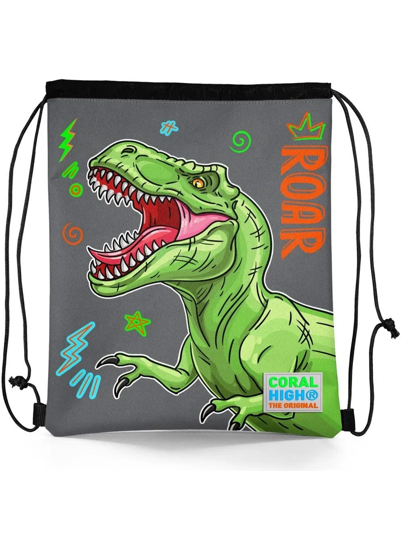 كورال هاي Kids Black Gray Dinosaur Patterned Drawstring Backpack 22444