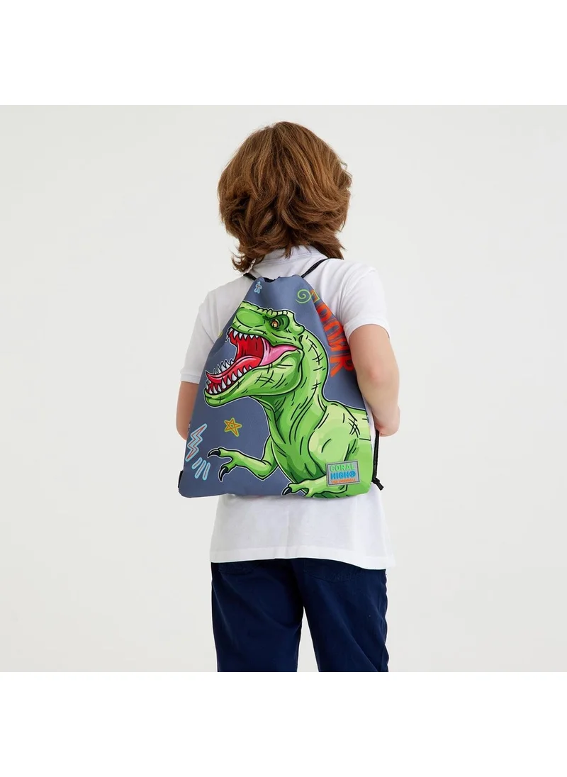 كورال هاي Kids Black Gray Dinosaur Patterned Drawstring Backpack 22444