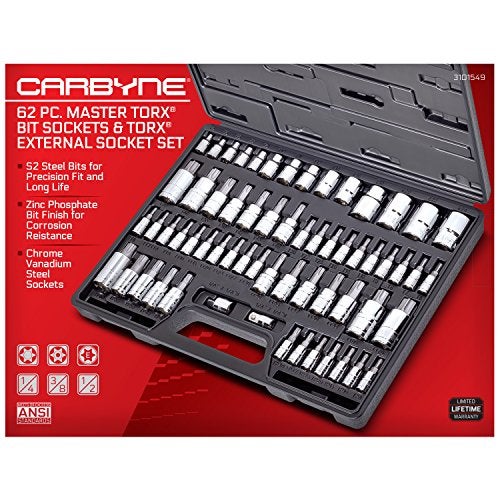CARBYNE 62-Piece Master Torx Bit Socket Set & External (eTorx) Socket Set, Includes T6 - T70, TT6 - TT70, TP8 - TP60, E4 - E24| S2 Steel Bits, Cr-V Sockets, Durable Case | 1/4, 3/8, & 1/2 in. Drive - Image 4