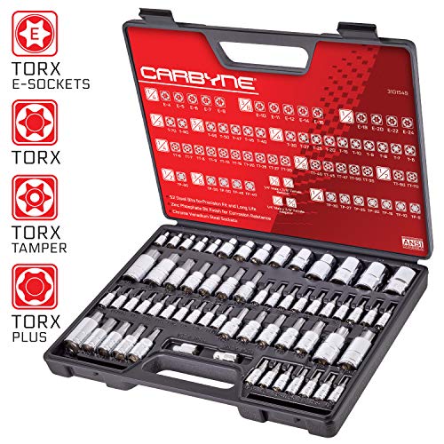 CARBYNE 62-Piece Master Torx Bit Socket Set & External (eTorx) Socket Set, Includes T6 - T70, TT6 - TT70, TP8 - TP60, E4 - E24| S2 Steel Bits, Cr-V Sockets, Durable Case | 1/4, 3/8, & 1/2 in. Drive - Image 2