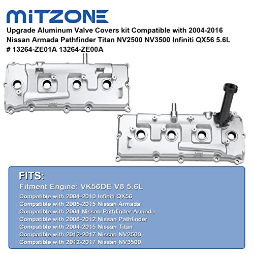 MITZONE Upgrade Aluminum Valve Covers kit Compatible with 2004-2016 Nissan Armada Pathfinder Titan NV2500 NV3500 Infiniti QX56 5.6L # 13264-ZE01A 13264-ZE00A - Image 2